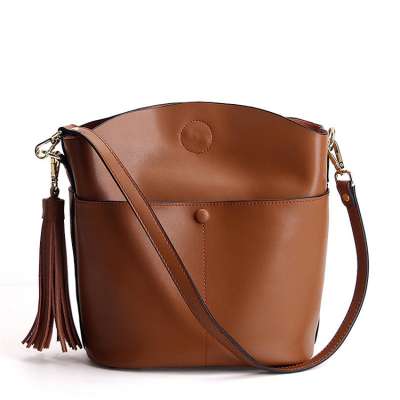 2019 New Design Women Shoulder Bag Leather Bucket Zipper Bag With Tassel